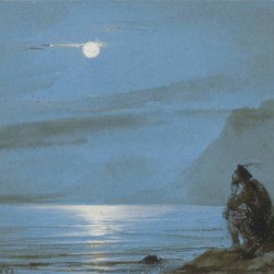 Soldat ecossais meditant au bord de l'eau au clair de lune